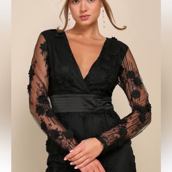 Lulus Elevated Allure Black 3d Floral Embroidered Long Sleeve Jumpsuit - Size XL - Picture 2 of 4